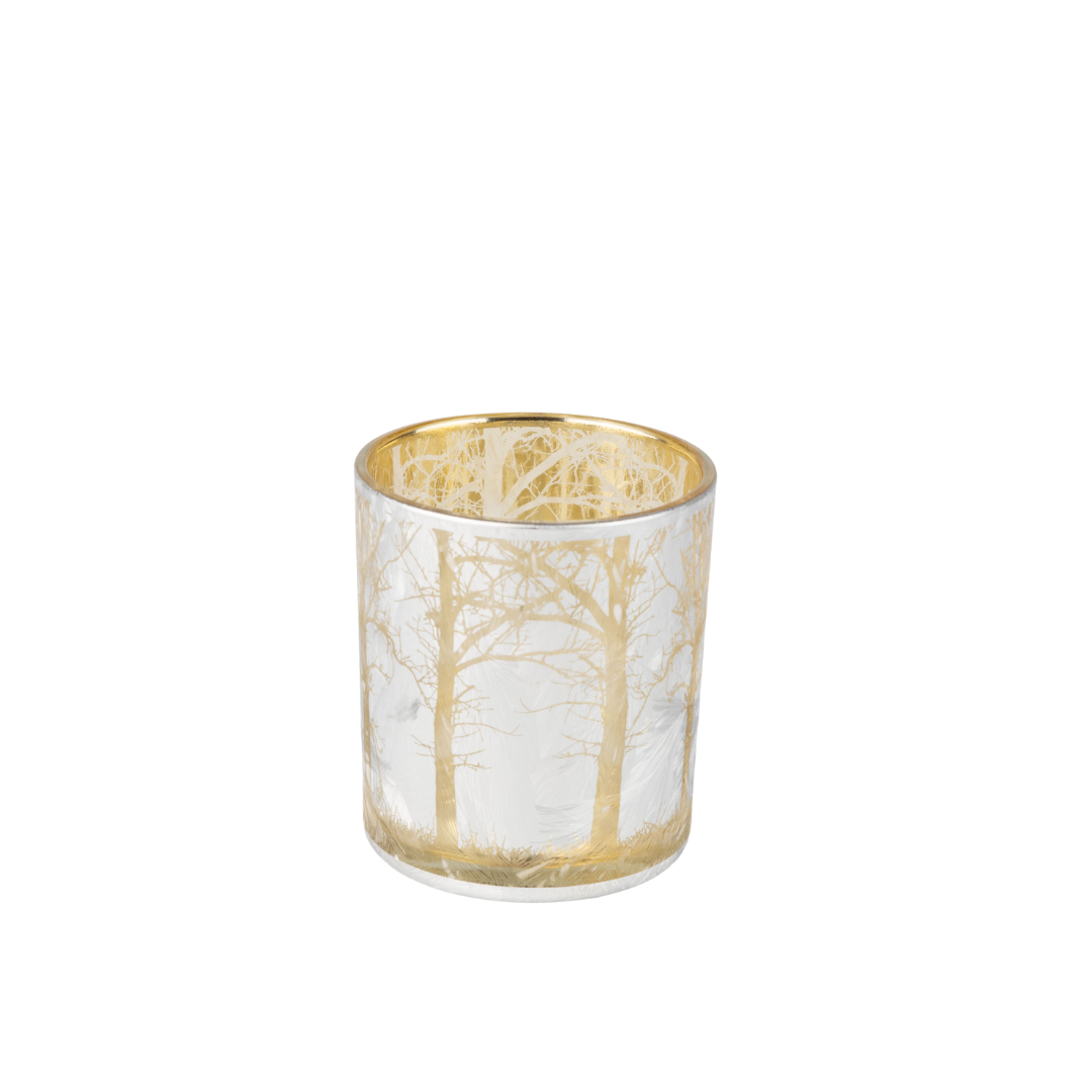 Glass holder table piece, frosted silver with gold stags in forest, gold interior, 3 in  12