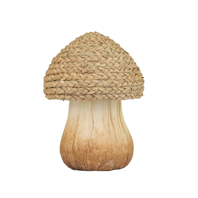 Braided grass mushroom table piece, natural, braided raffia cap with layered paper stem, 7 in  4            