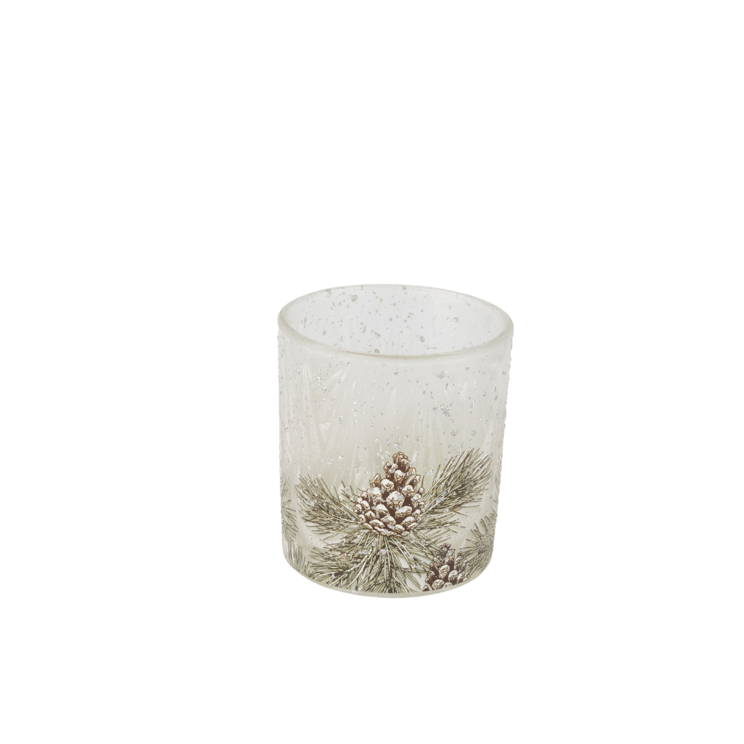 Glass holder table piece, matte white with frosted pinecone on green ivy, matte white interior, 3 in  12
