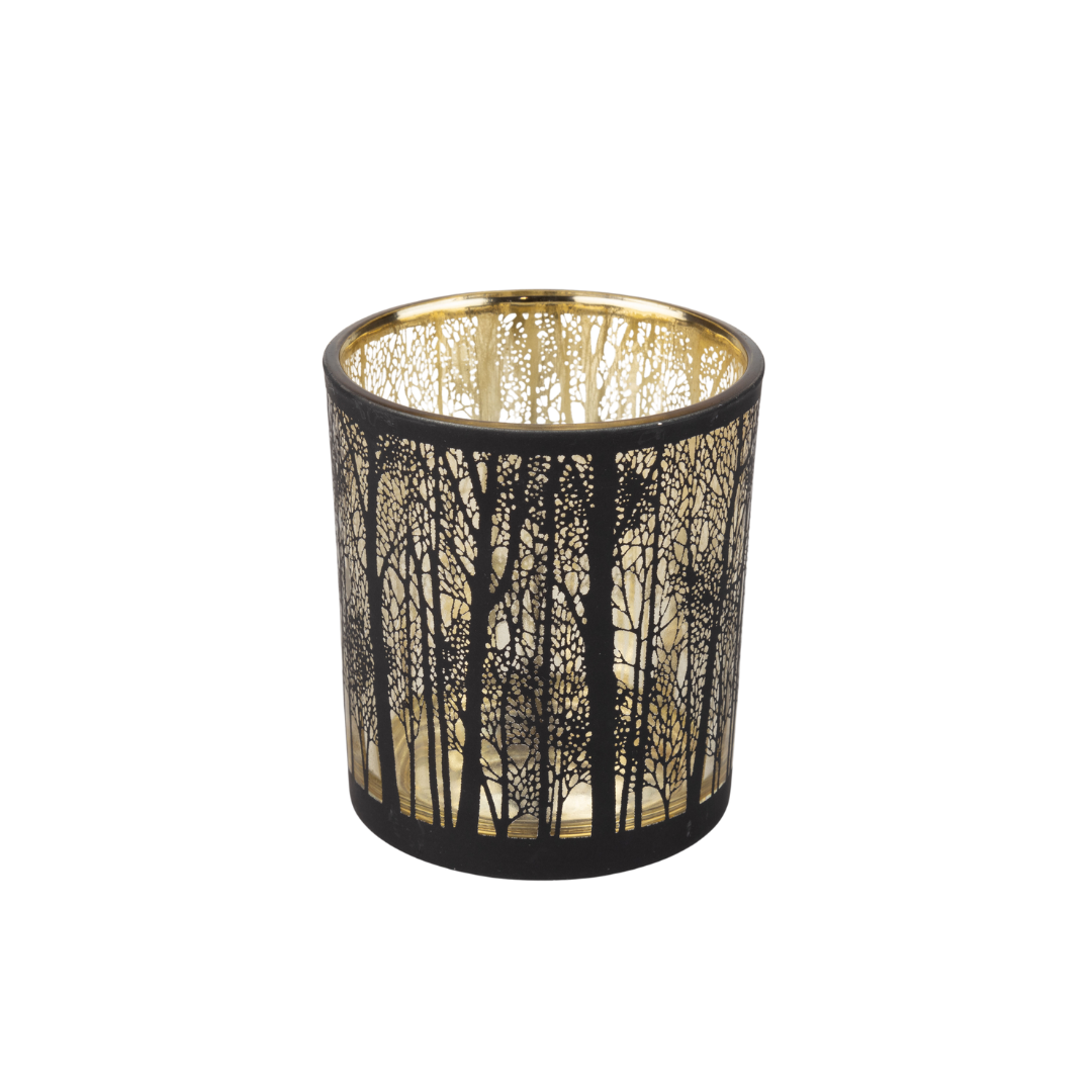 Glass holder table piece, clear Glass with black rim and black trees, 4 in  6