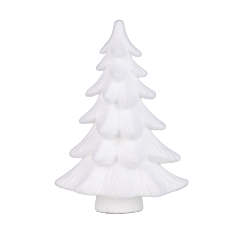 White flock tree table piece, tall white on white base, 20 in  2            