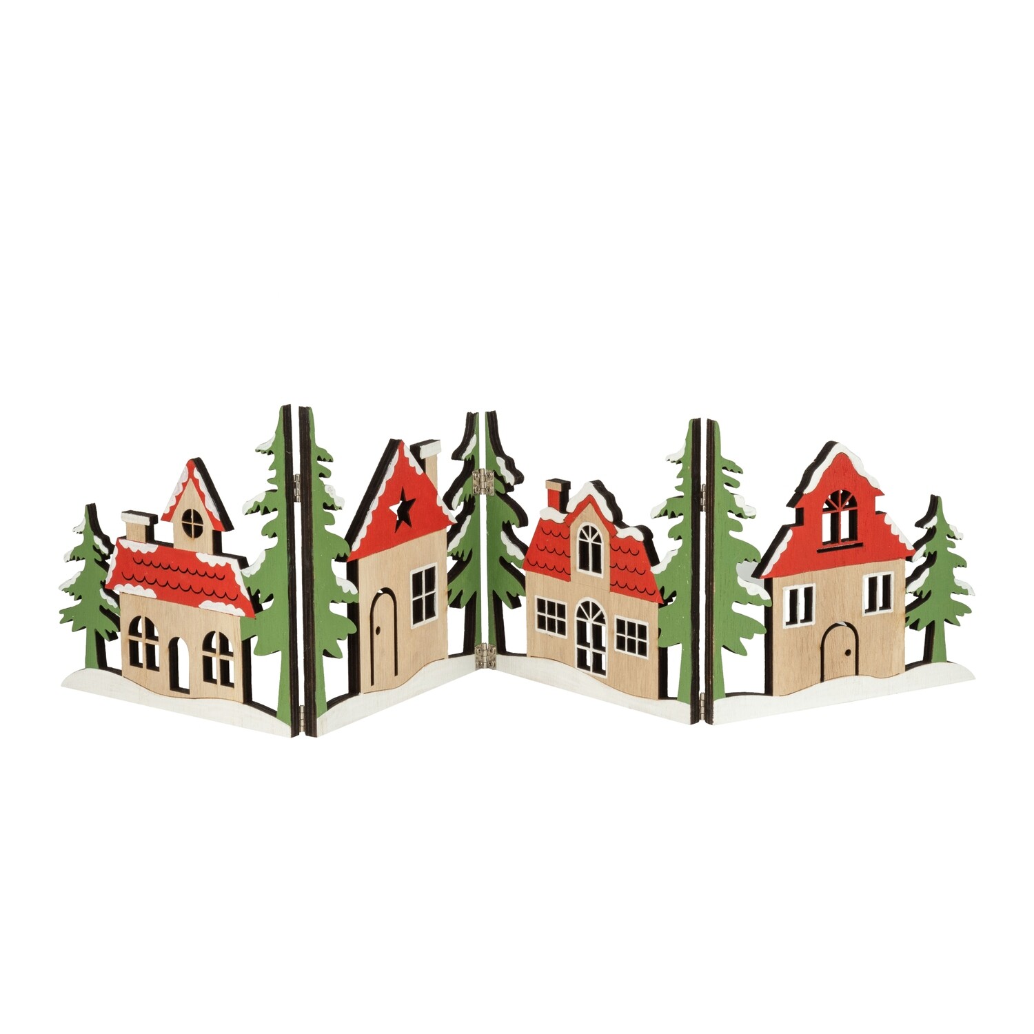 Wood trifold Christmas village table piece, red, green and natural wood, 23 in  6      