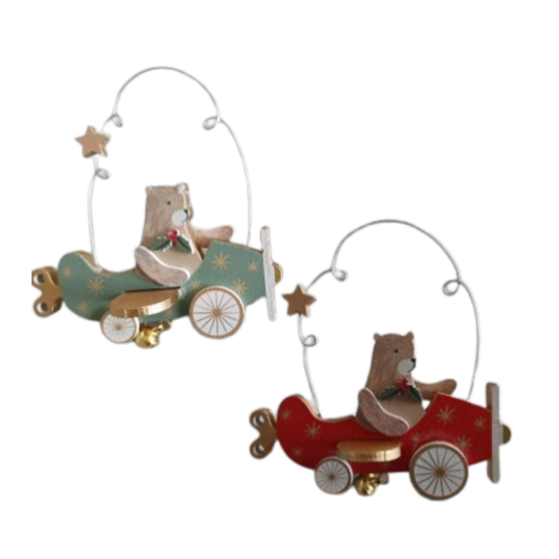 2 Asst&#39;d wood toy box teddy bears in red and green plane with key, wire hoop and bell ornaments, 3 in  24            