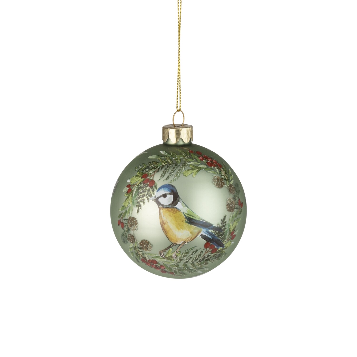 Glass ball ornament, pale green with blue bird in berry wreath motif, 80mm/3 in  12            