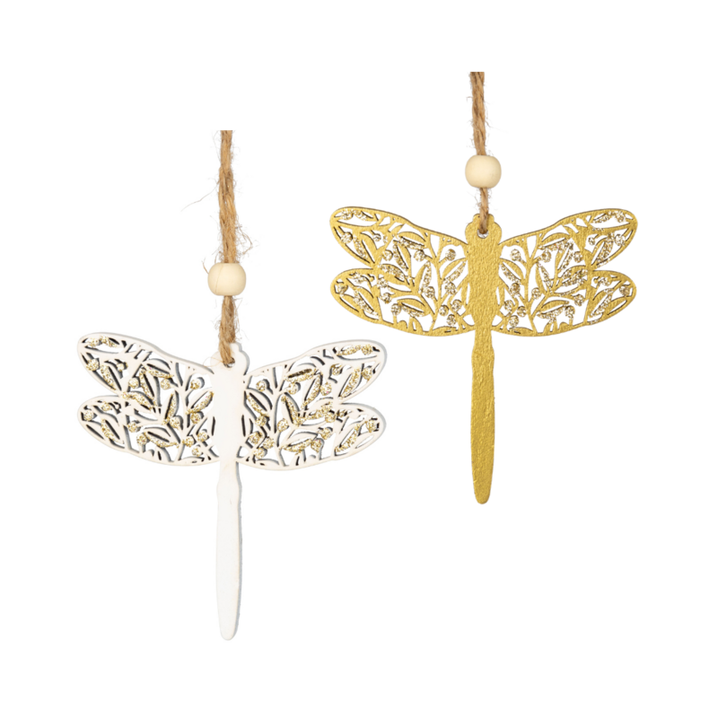 2 Asst&#39;d gold and cream wood filigree dragonfly ornaments with glitter trim, 4 in  24            