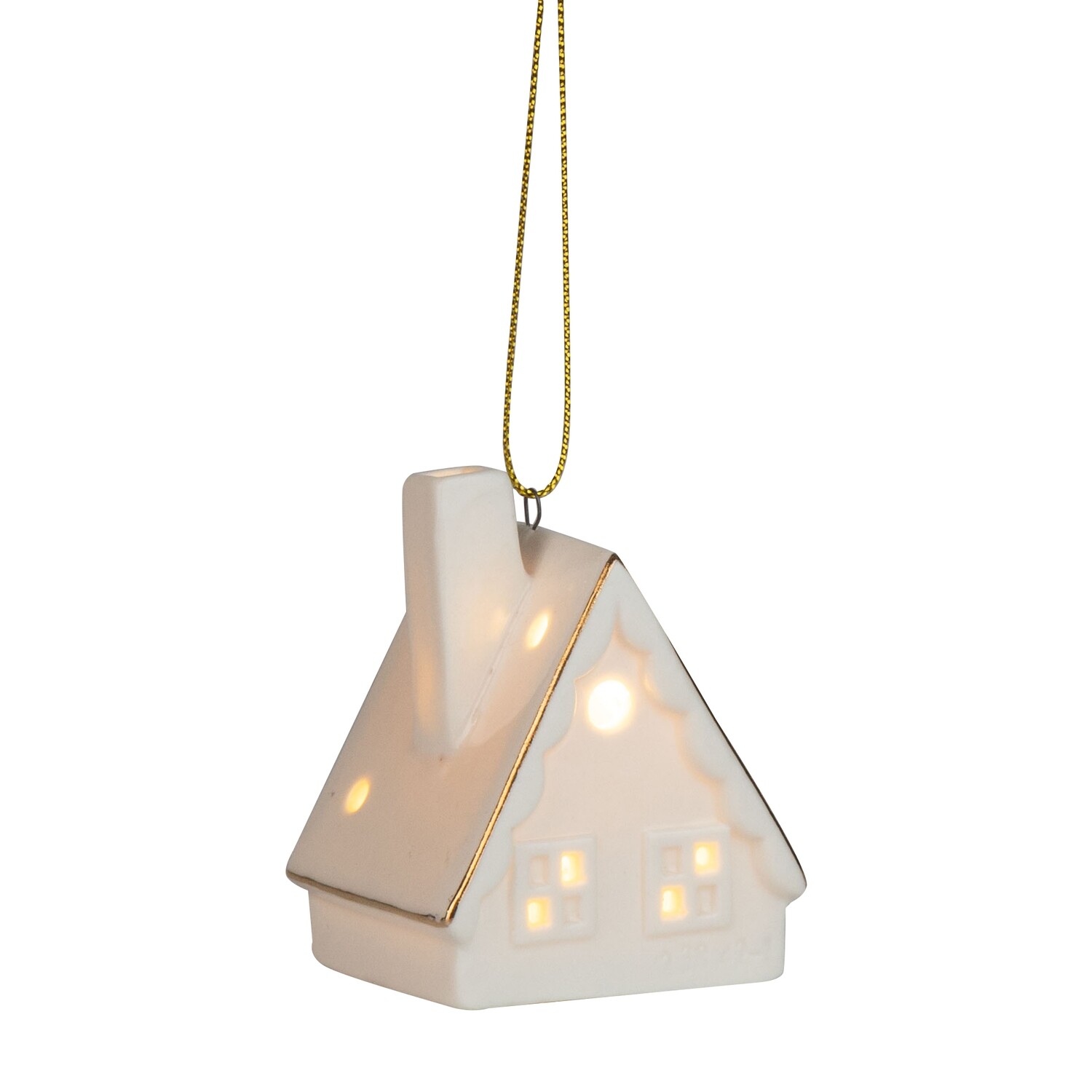 2 Asst&#39;d ceramic white house ornament, A-frame with gold trim, LED,  2. 5 in  12