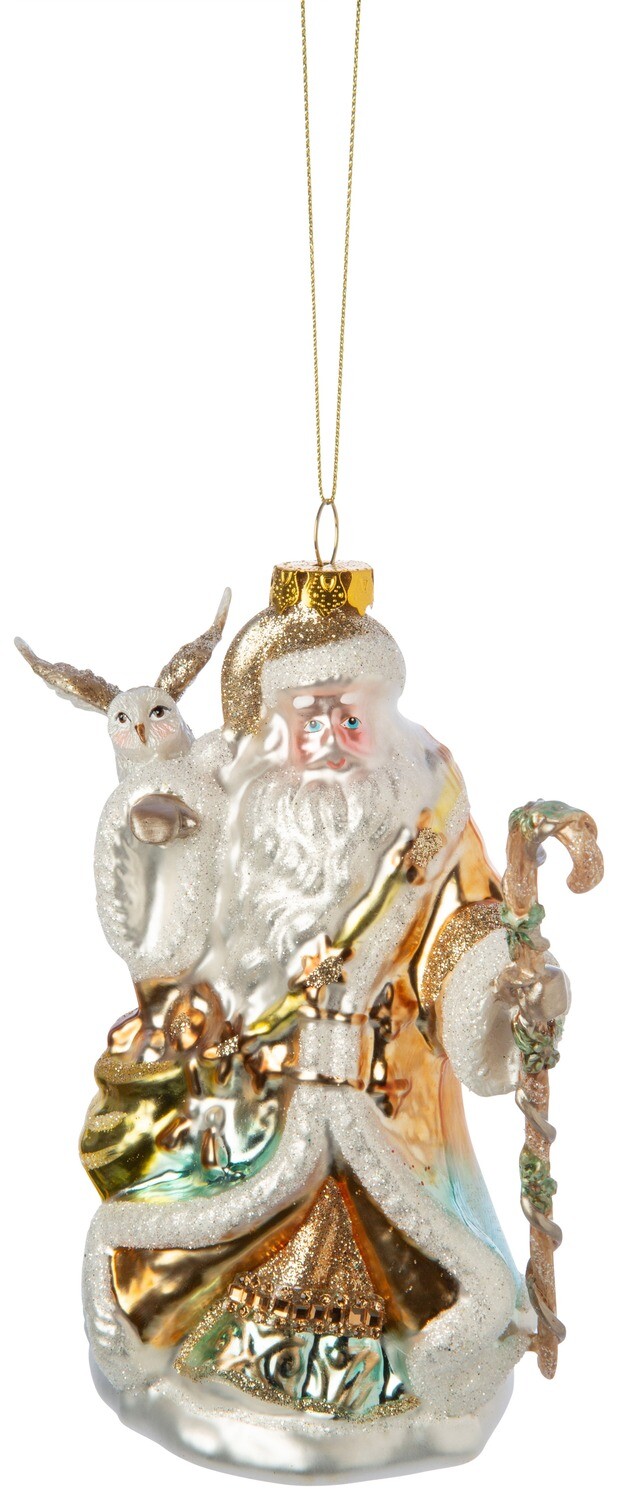Blown glass Santa, matte gold and light green with owl and staff, 6.25 in  6   