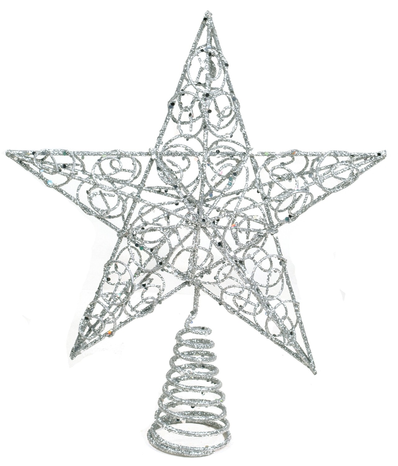 Silver glittered wire tree topper with circle pattern, 10 in  6            