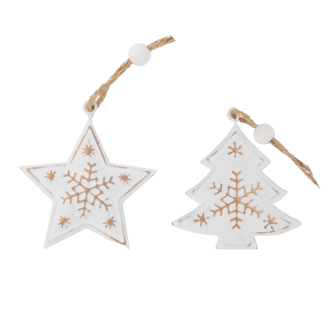 2 Asst'd embossed metal star and tree ornaments, antique with gold snowflake pattern, 2.5 in  24            