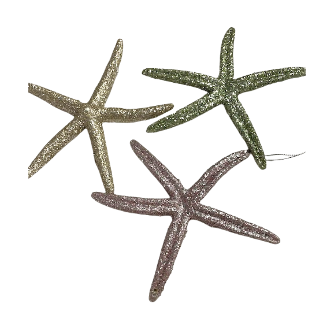 3 Asst'd resin star fish orns, rose, champagne gold and green glitter, 6 in  24      