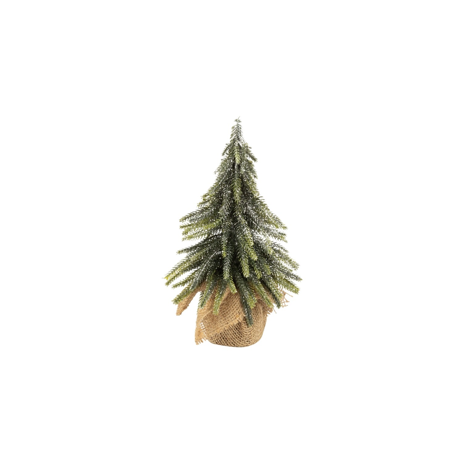 Mini faux balsam tree, dark green with silver glitter in burlap base, 10 in  6            
