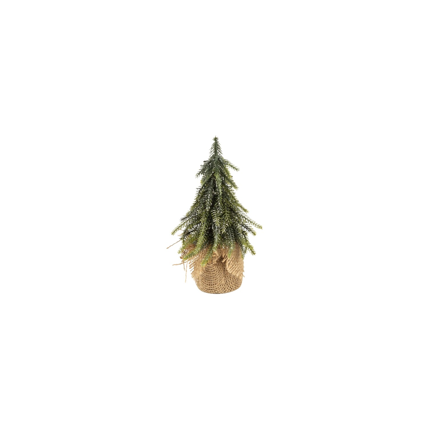 Mini faux balsam tree, dark green with silver glitter in burlap base, 7 in  12            