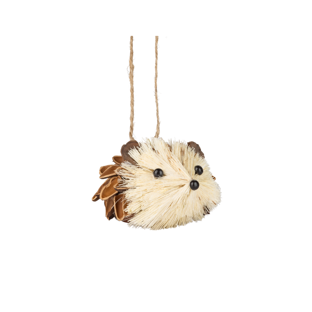 Bristle hedgehog ornament, natural head with brown flocked body, 2.5 in  12      