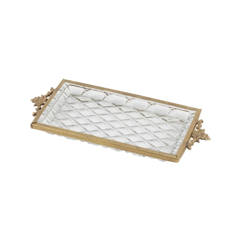 Molded diamond pattern glass tray in metal frame with cast handles, 8.5x4.5 in  2           