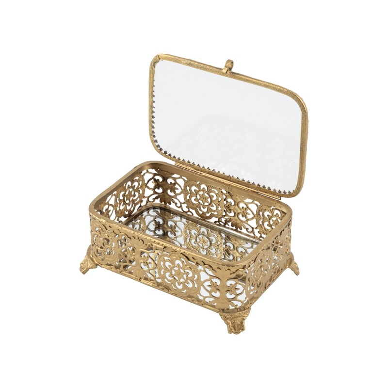 Rectangular filigree metal box with mirrored base and glass top, 6.5 in  2           