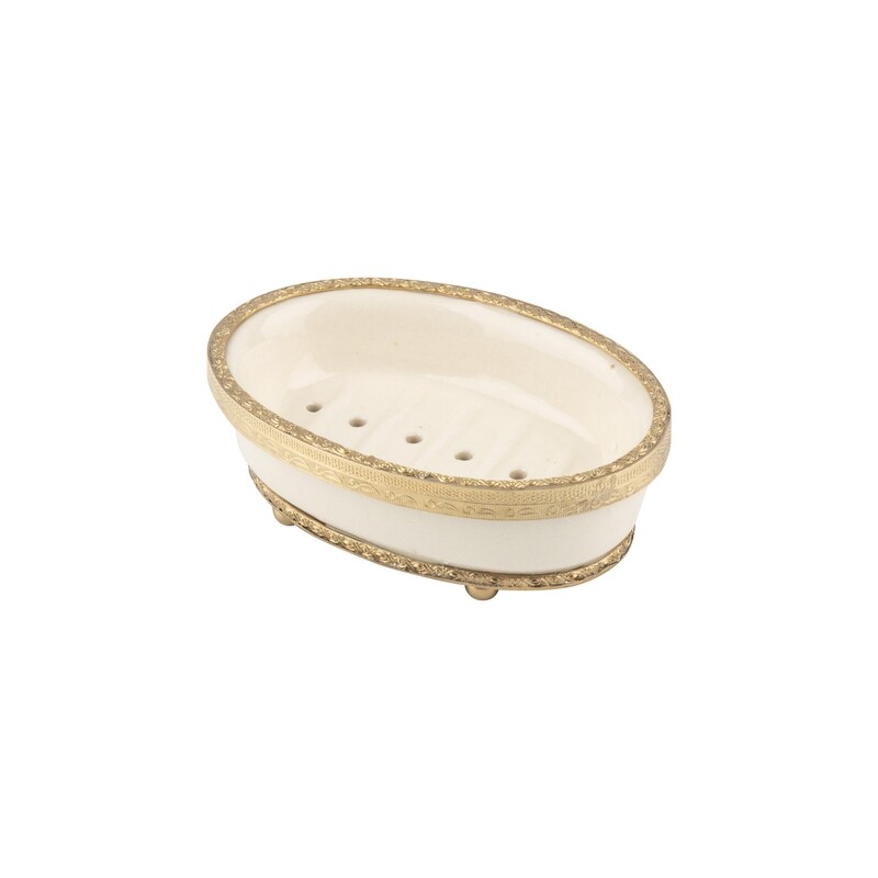 Double layer ceramic soap dish in worked metal frame, cast feet, 6 in  2           