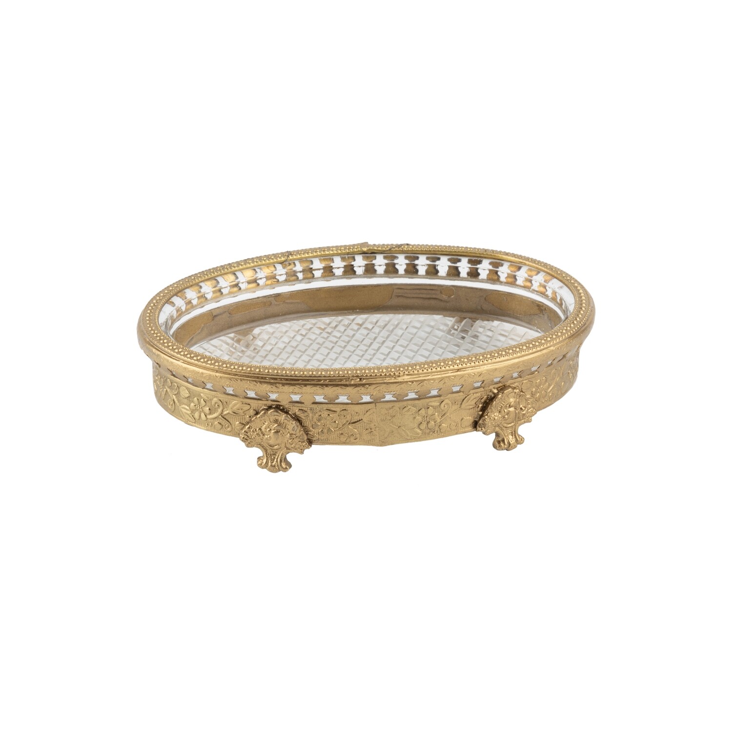 Molded mini diamond pattern glass soap dish in worked metal frame with cast feet, 5.25 in  2           