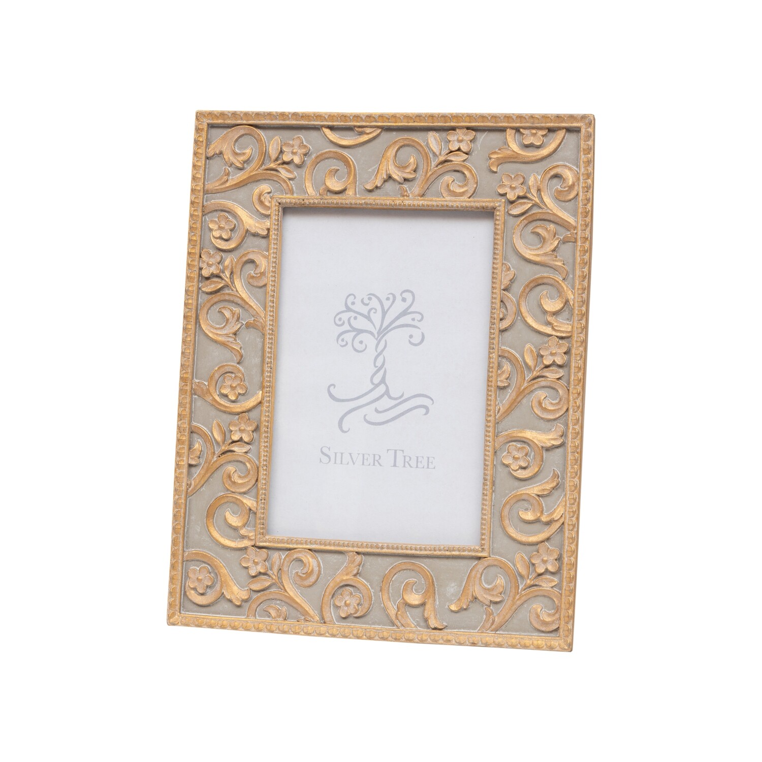 Resin picture frame, scroll and floral border, pale grey and matte gold, fits 4x6 photo  4           