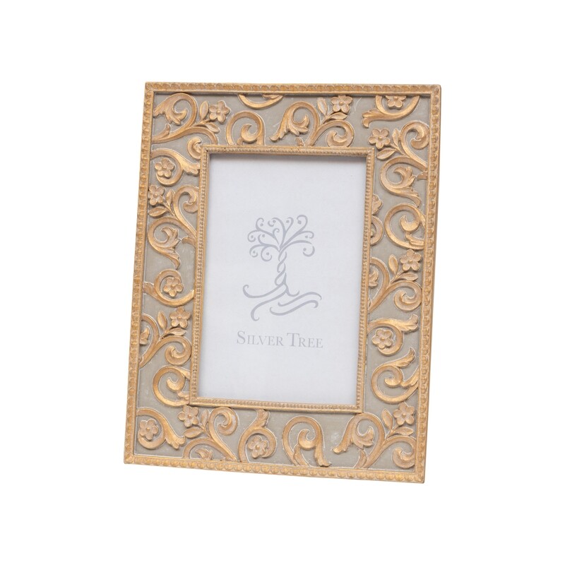Resin picture frame, scroll and floral border, pale grey and matte gold, fits 4x6 photo  4           