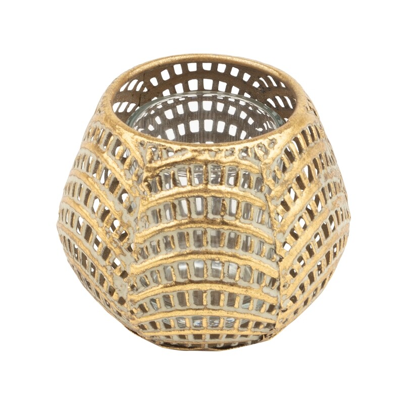 Filigree metal tea light/votive holder with glass insert, scallop pattern, antique gold 3 in  6