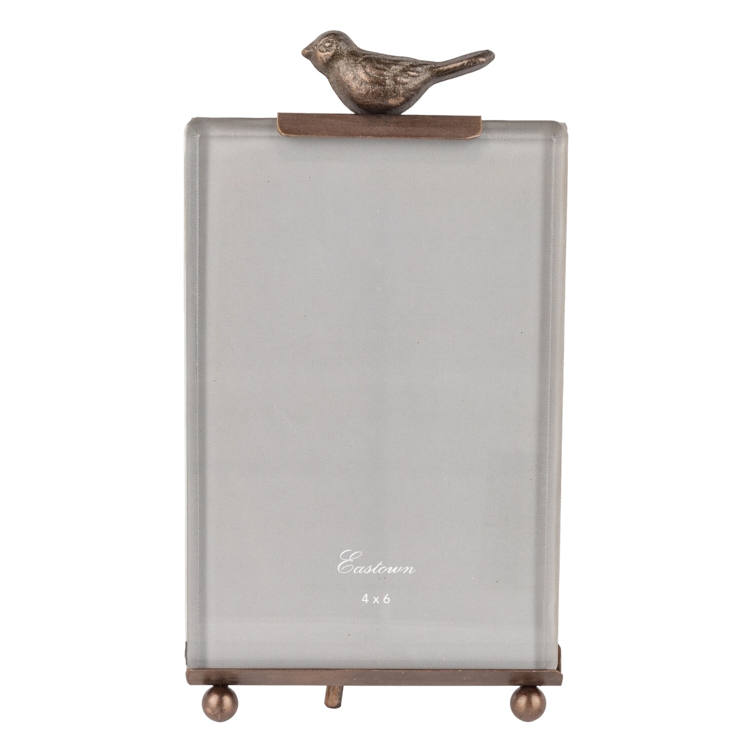 Beveled glass and bronzed metal easel frame with bird topper, fits 4x6 portrait photo  6           