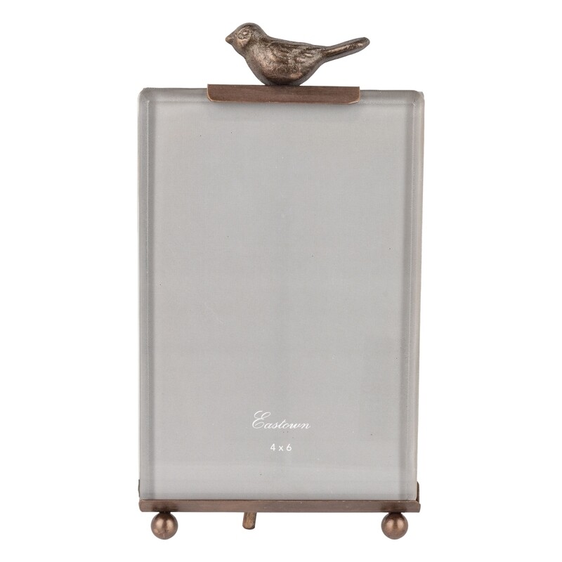 Beveled glass and bronzed metal easel frame with bird topper, fits 4x6 portrait photo  6           