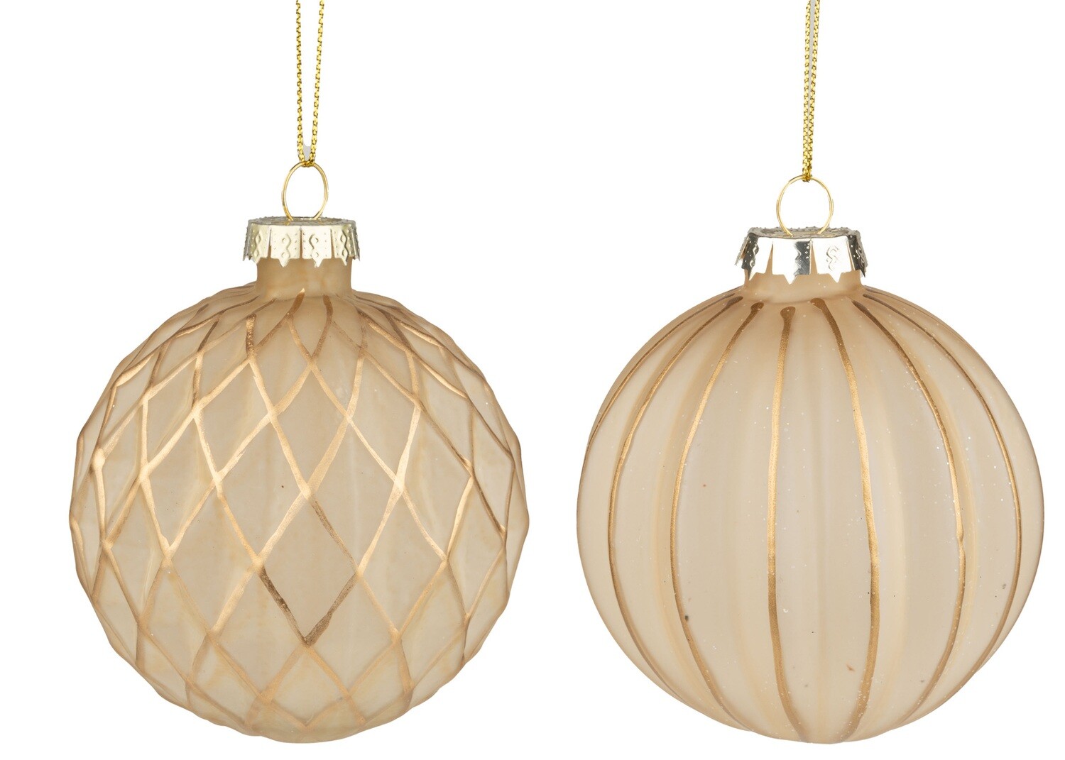 2 asst&#39;d cream with gold molded Stripe and Harlequin glass ridges ornaments,3 in  12            