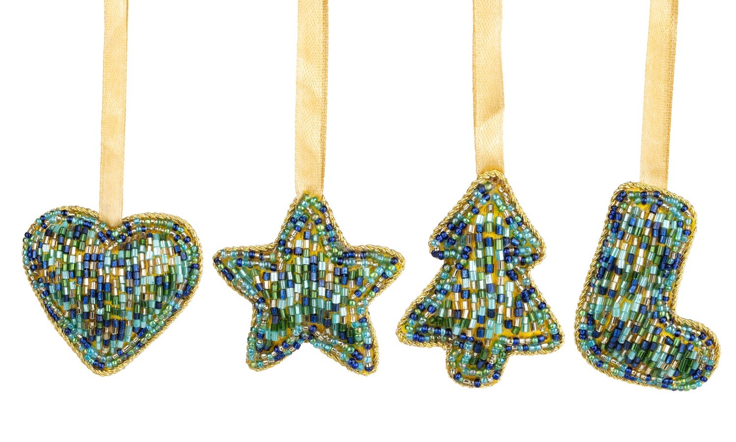 4 Asst&#39;d mini peacock bead ornament, star, heart, tree, stocking, 2 in  24            