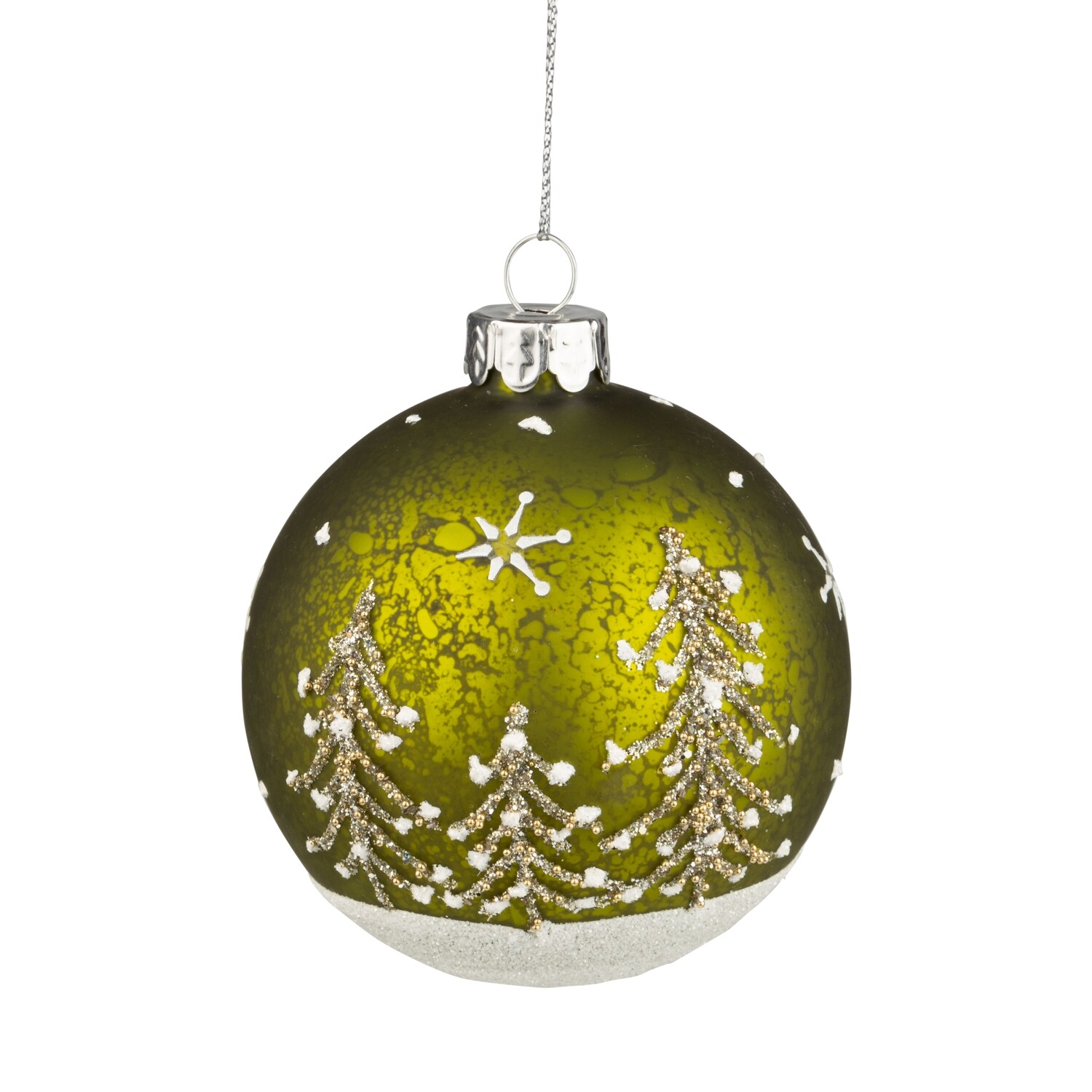 Green glass ball with forest tree &amp; snow motif orns, 3 in  12            