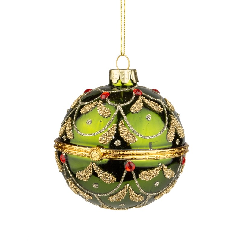 Glass trinket holder ball, shiny green with gold glitter swags, red jewels and gold metal hinge, 3 in  6            
