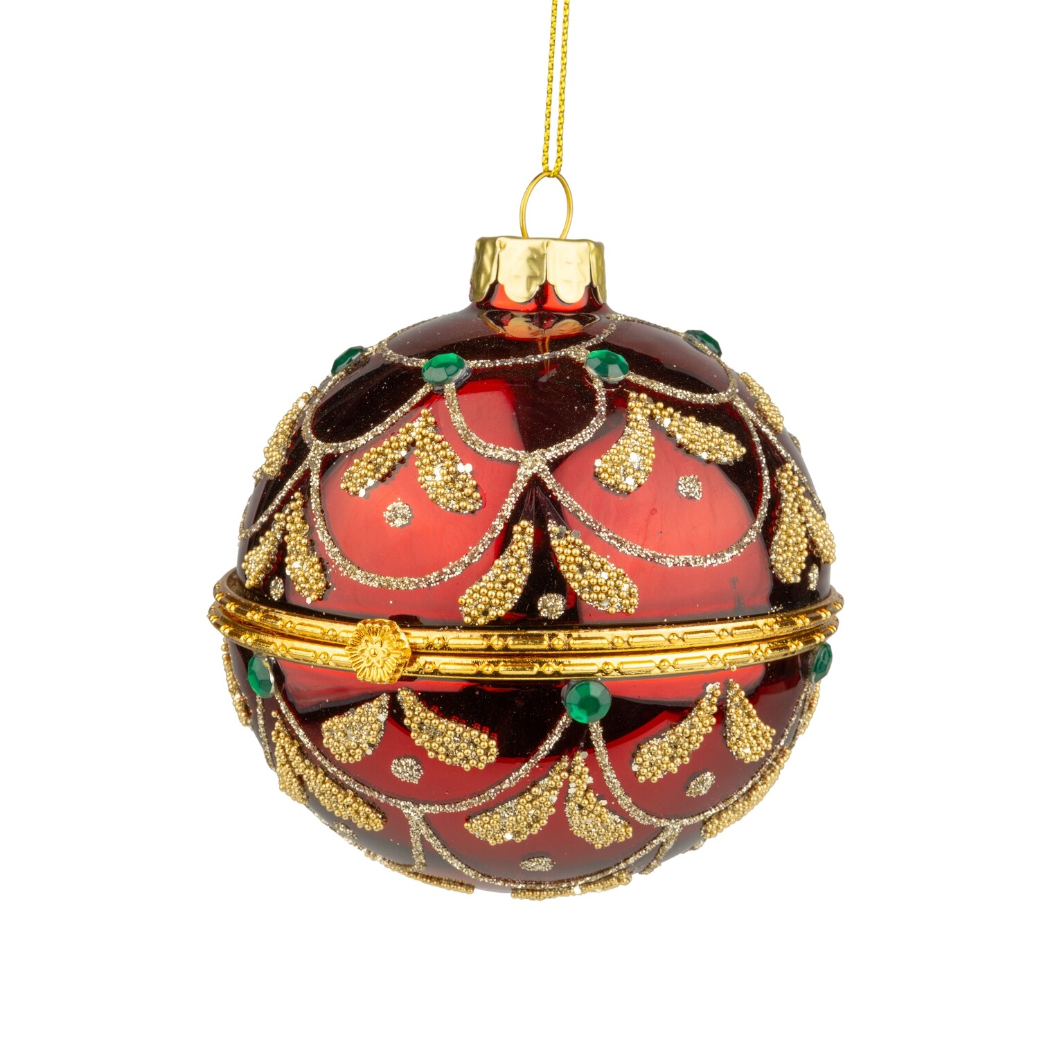Glass trinket holder ball, shiny burgundy with gold glitter swags, green jewels and gold metal hinge, 3 in  6            