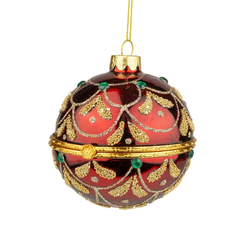 Glass trinket holder ball, shiny burgundy with gold glitter swags, green jewels and gold metal hinge, 3 in  6            