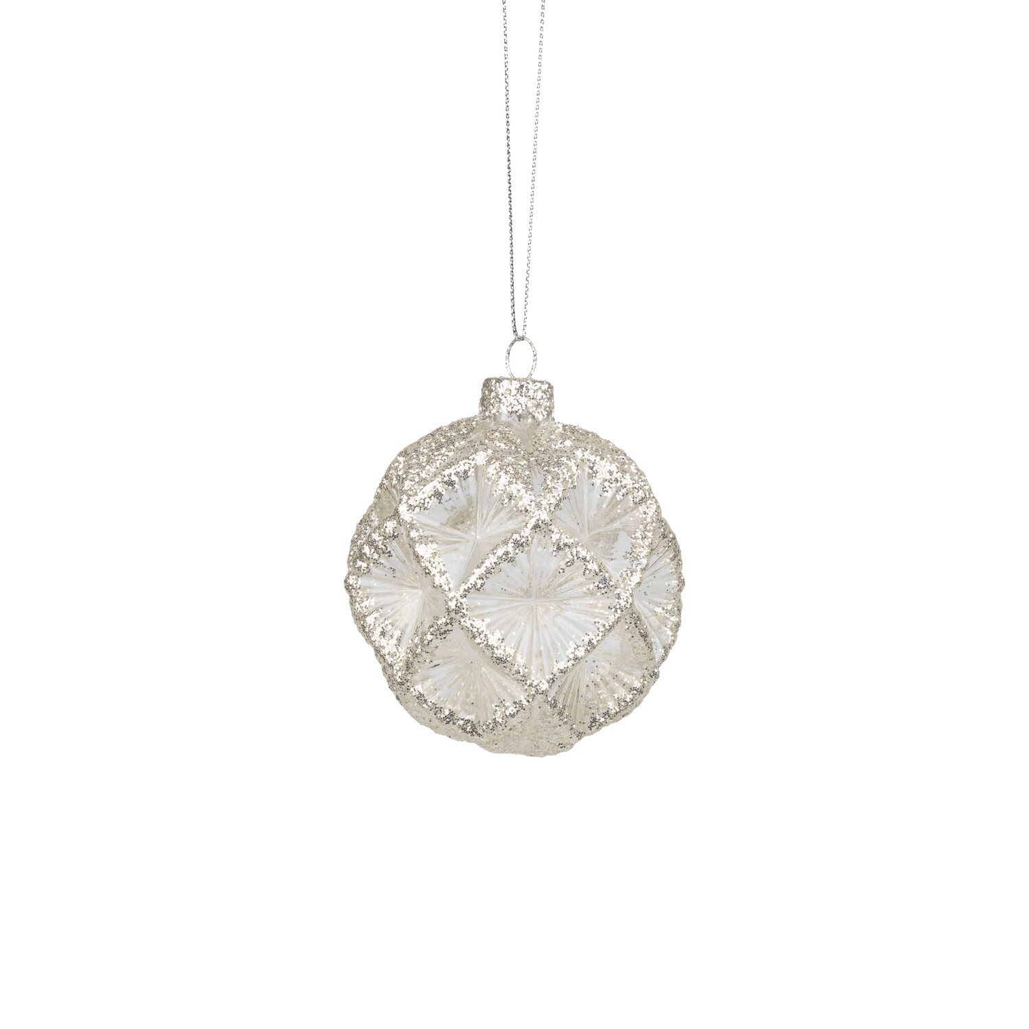 Molded glass ball ornament, clear with silver glitter ridges, 80mm/3 in  12            