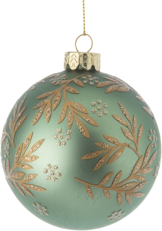 Matte pale green glass ball w glittered leafy branches motif orn  12            