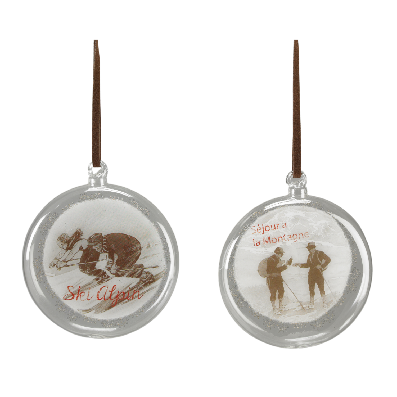 Glass disk w/french alp ski scene, 4 in  12