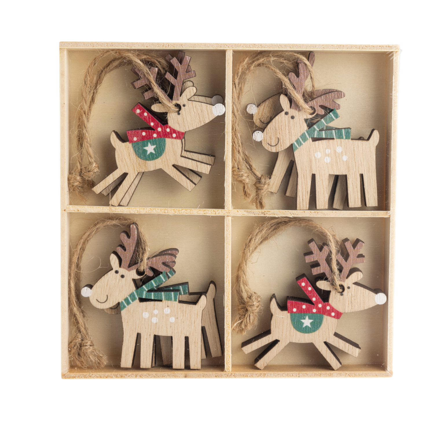 Set of 8 painted wood mini reindeer decorations in wood keepsake box, 2 styles, red &amp; green scarf, ea ornament approx 2 in  6            
