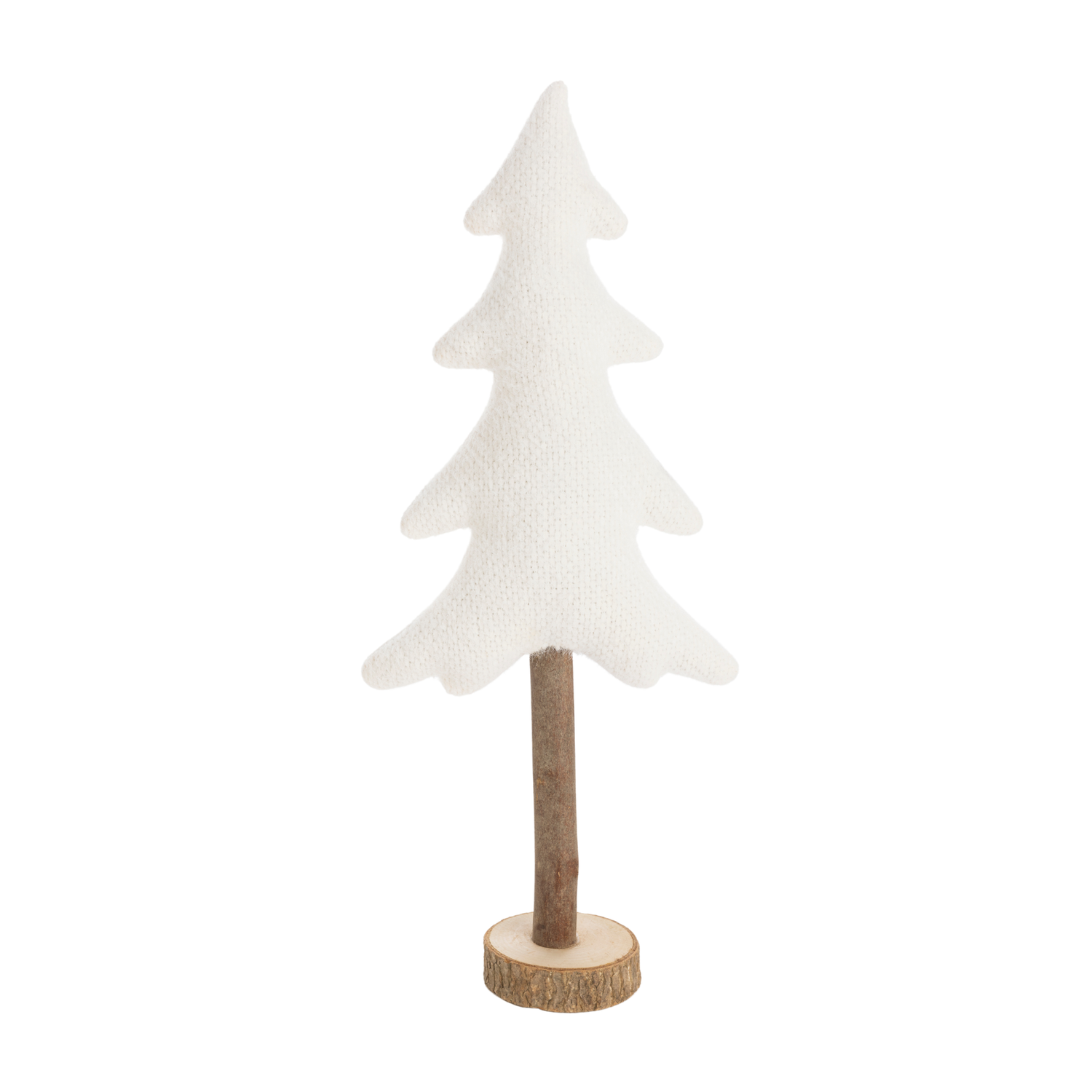 Fluffy knit fabric table top tree, white on wood base, 17 in  4            