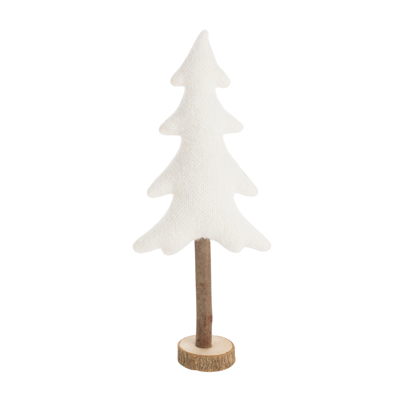 Fluffy knit fabric table top tree, white on wood base, 17 in  4            
