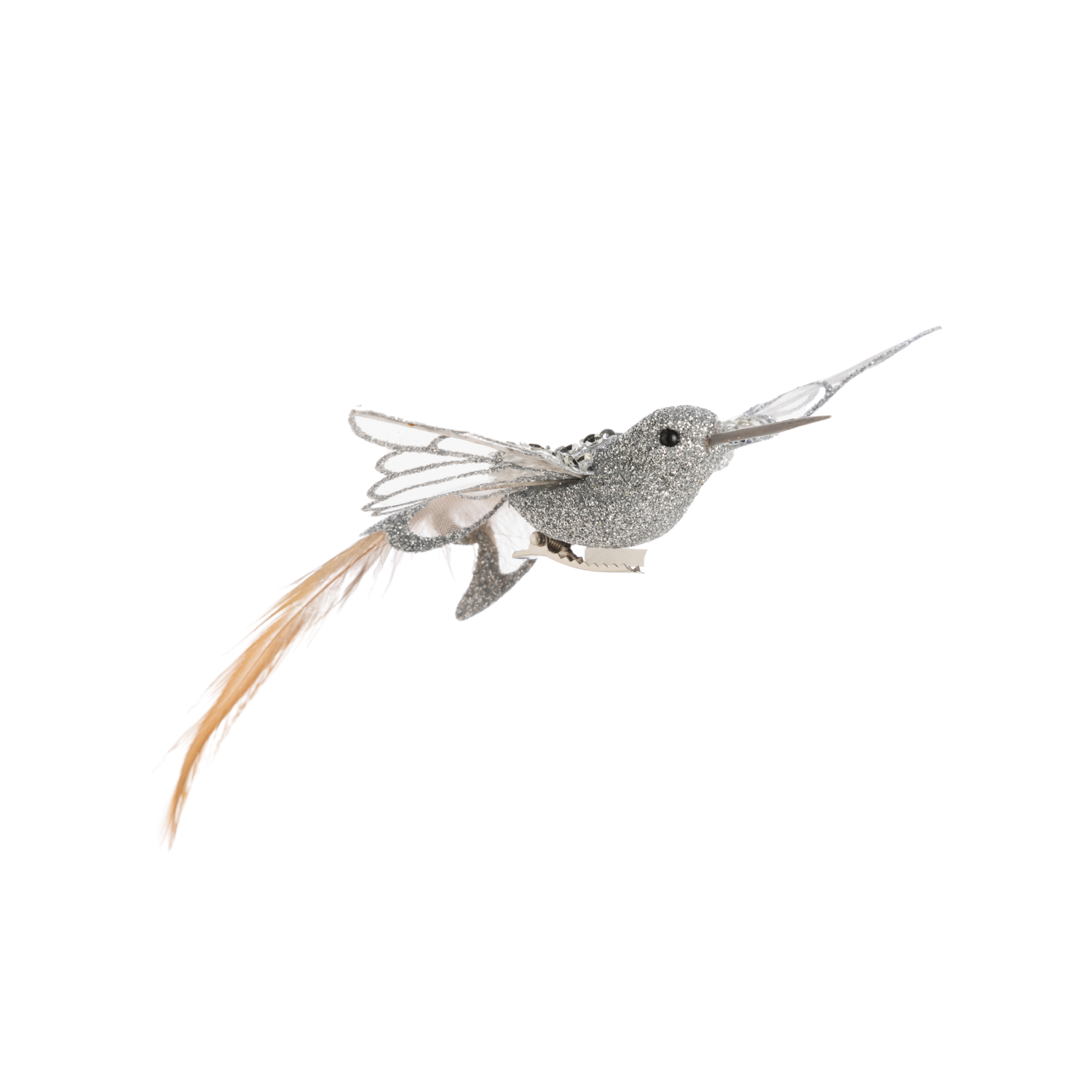 Silver glittered clip-on bird with sheer outstretched wings, 7 in  24      