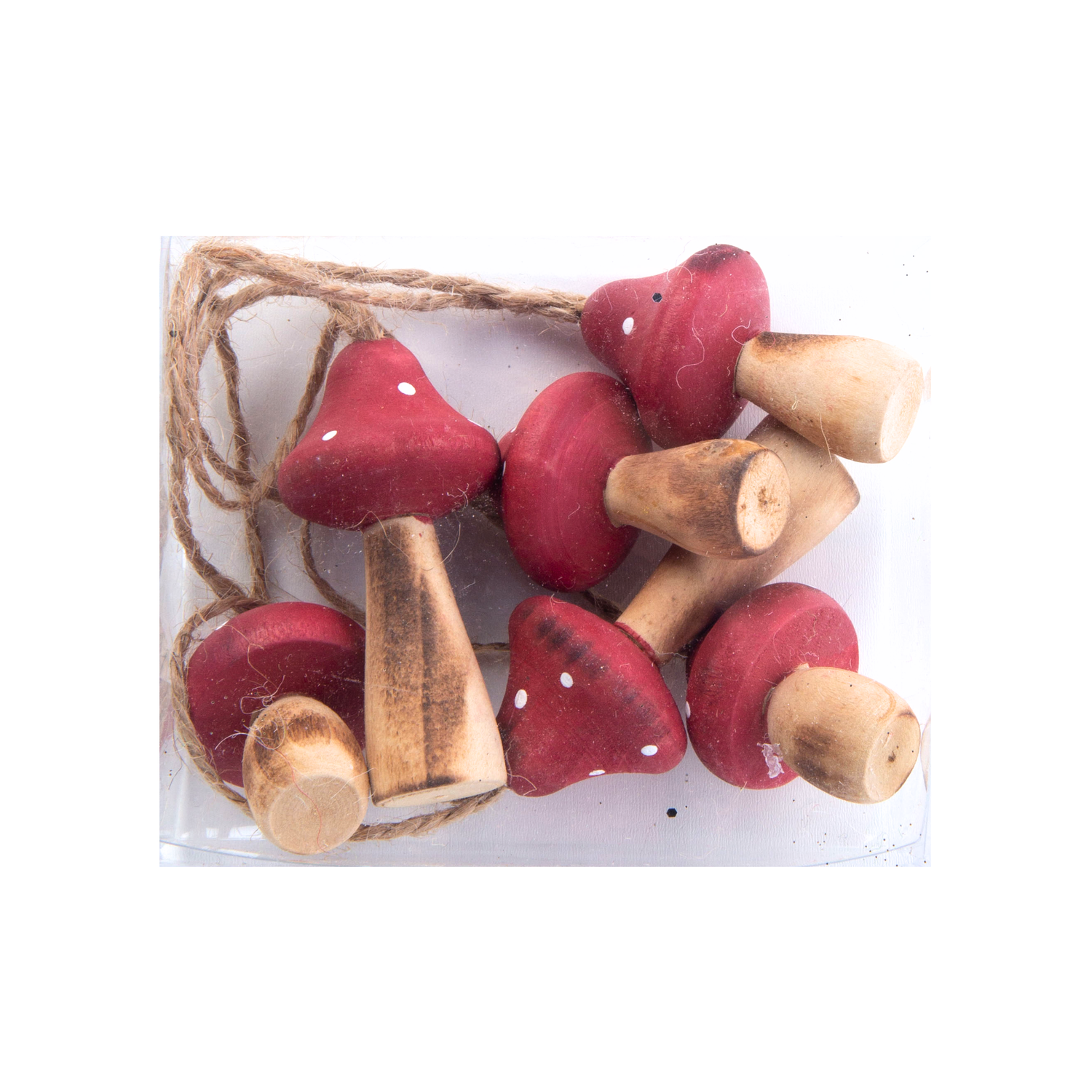 Box of 6 wood mushrooms, red painted tops, jute cord orns 2 in  6      