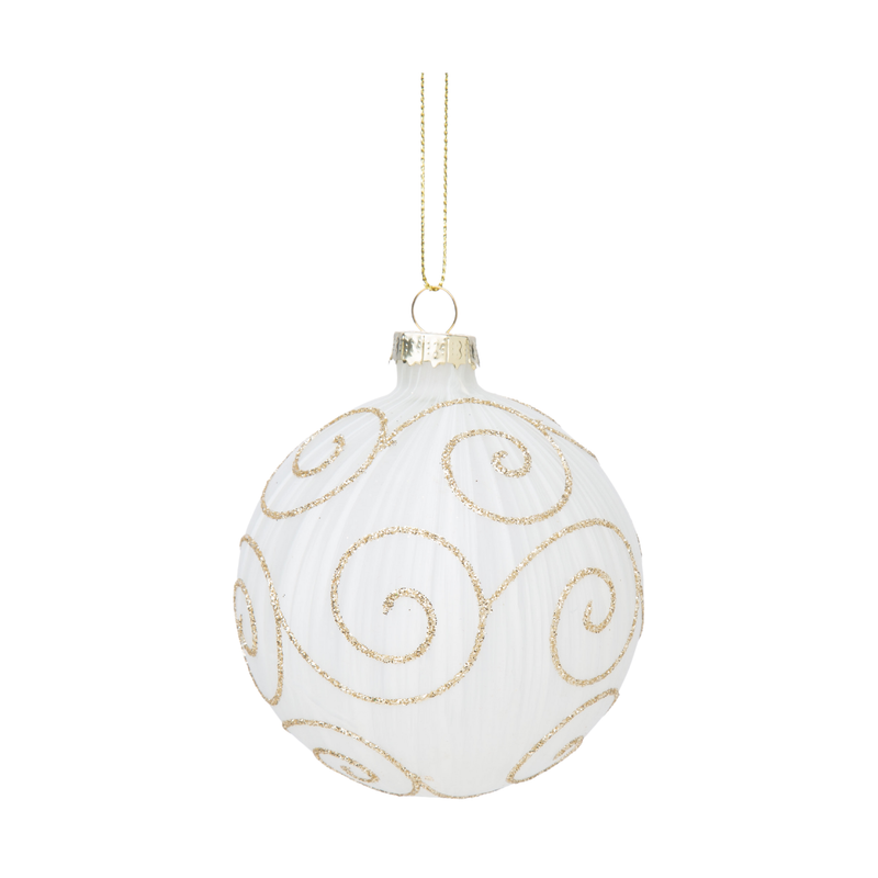 Glass ball ornament, matte white translucent with white brush marks, gold glitter swirl 3 in  12            