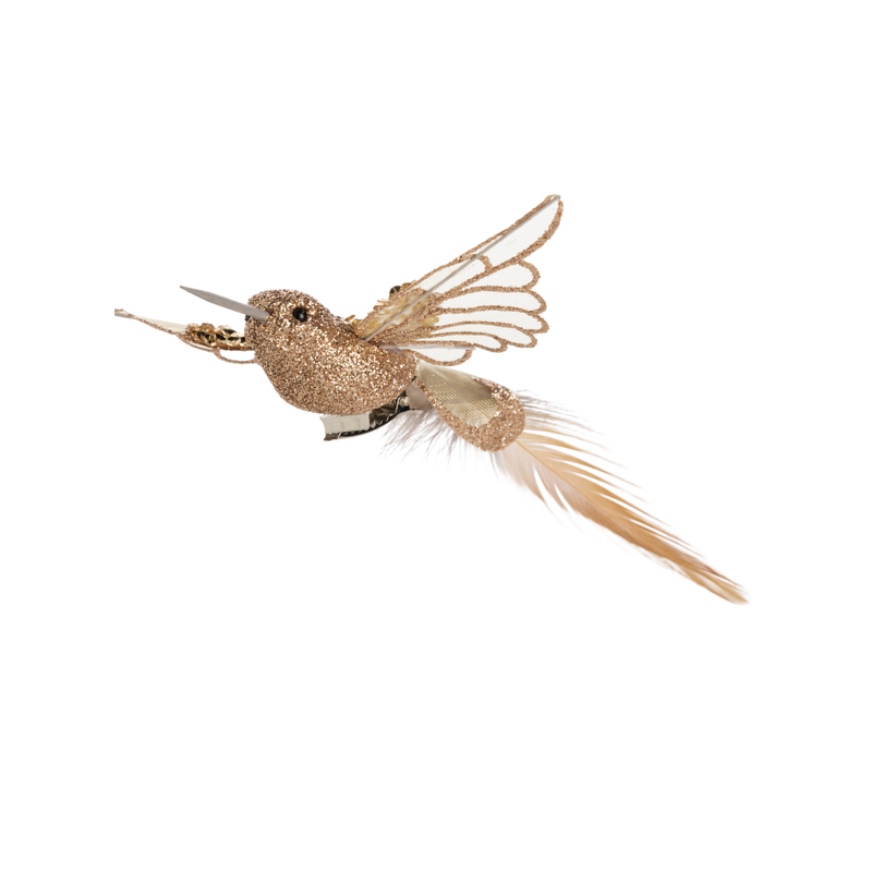 Gold glittered clip-on bird with sheer outstretched wings, 7 in  24