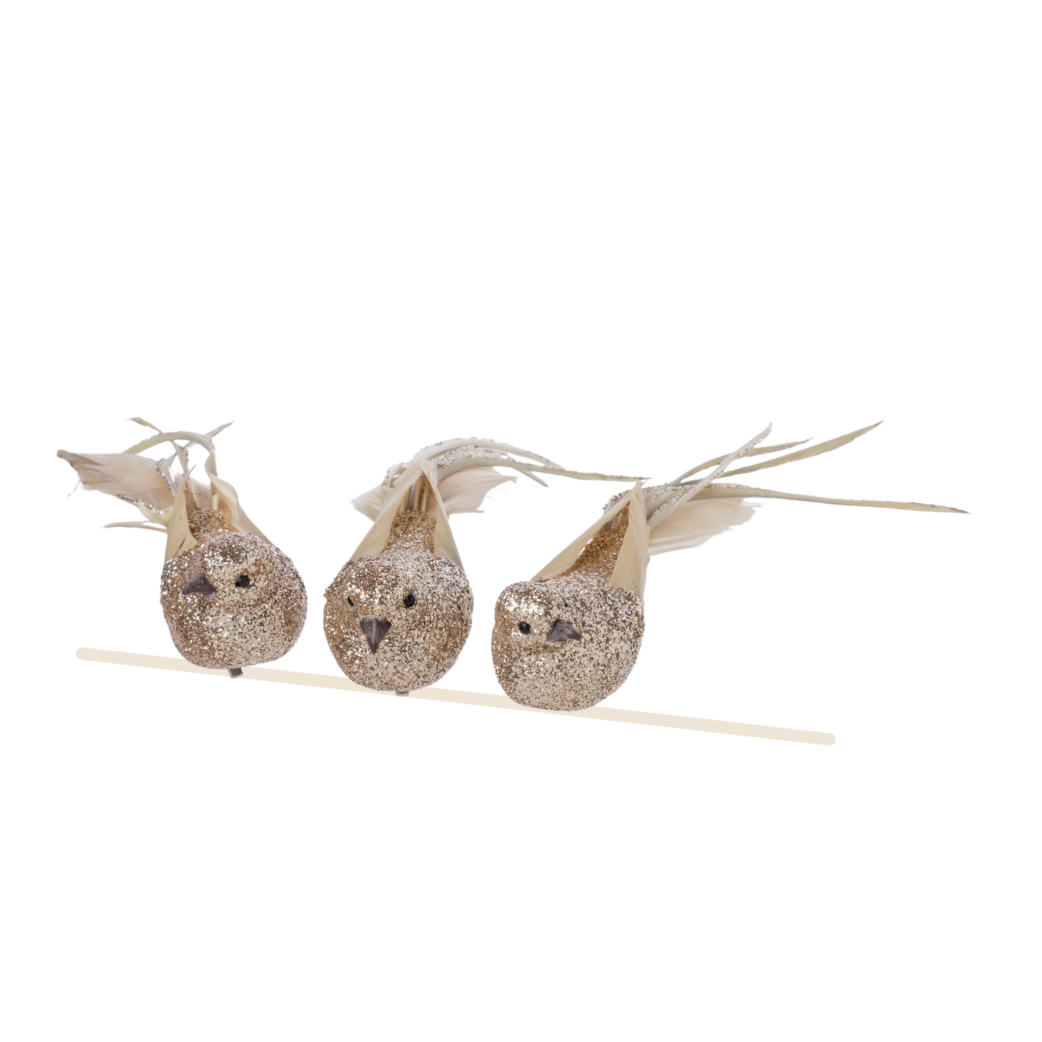 3 Asst&#39;d champagne glitter clip-on birds with natural feather and extended plumes, 8.25 in  24      