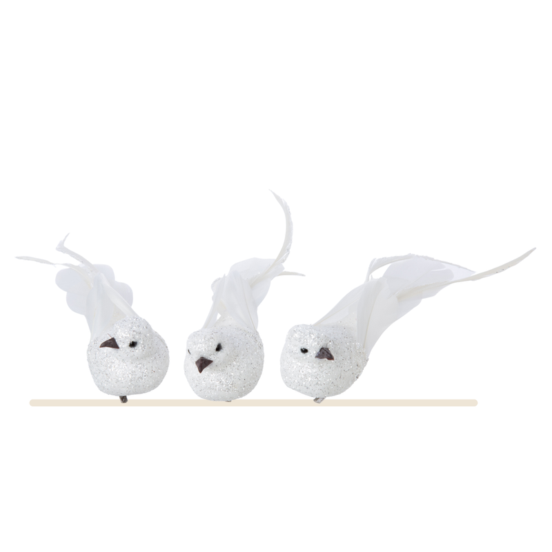 3 Asst&#39;d white and silver glitter clip-on birds white feathers with extended, glitter plumes 8 in  24      