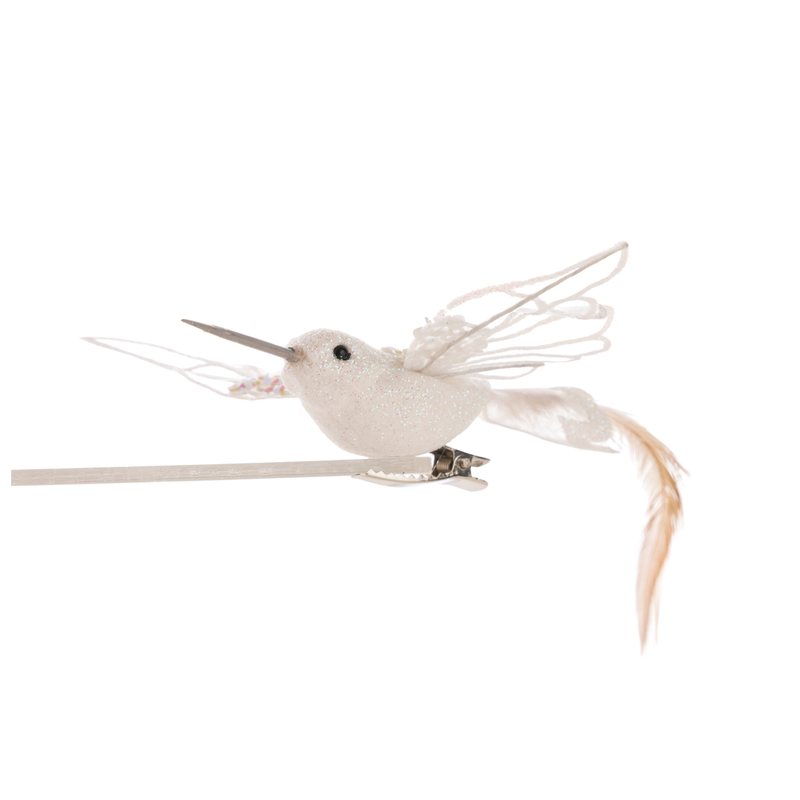 White glittered clip-on bird with sheer outstretched wings, 7 in  24      