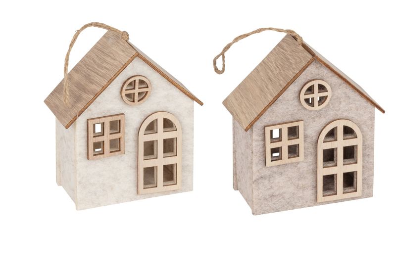 2 Asst&#39;d felt and wood house ornament, beige and oatmeal with natural wood roof, 4.75 in  12            