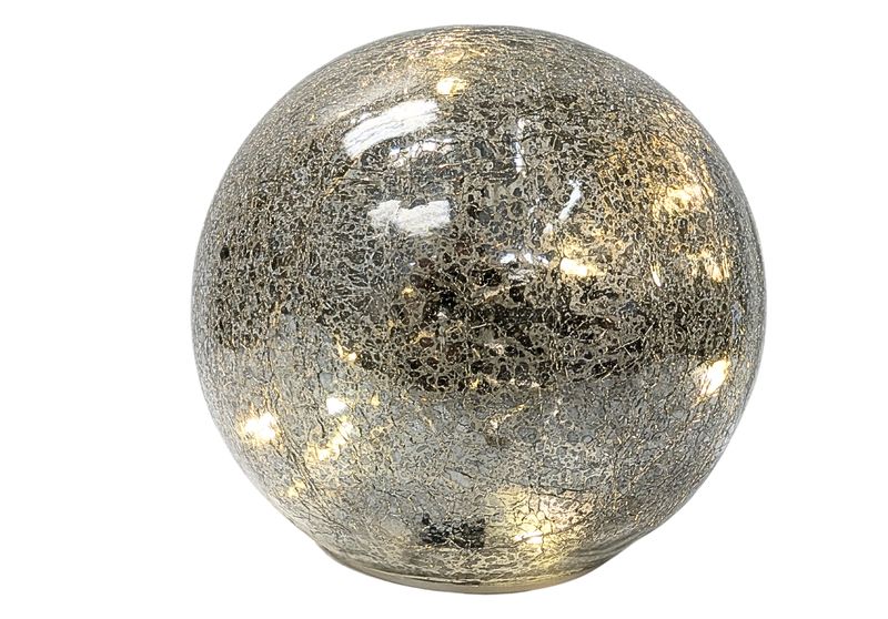 Crackle glass sphere, antique silver finish, LED light, sml, 4.75 in  4      
