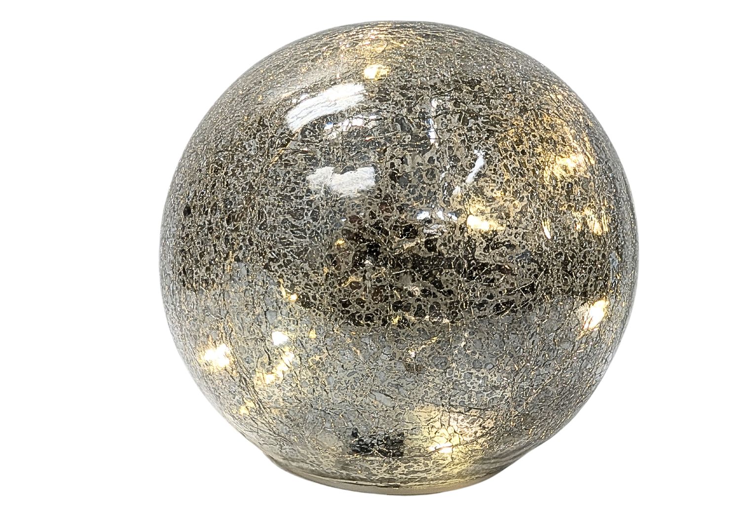 Crackle glass sphere, antique silver finish, LED light, lrg, 6 in  2      