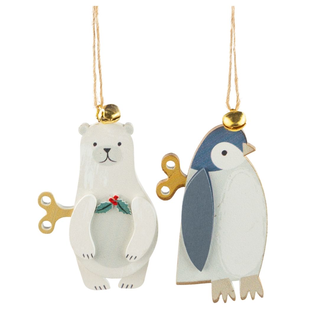 2 Asst&#39;d wood toy box penguin and bear with key and bell ornaments, 3.5 in  24            