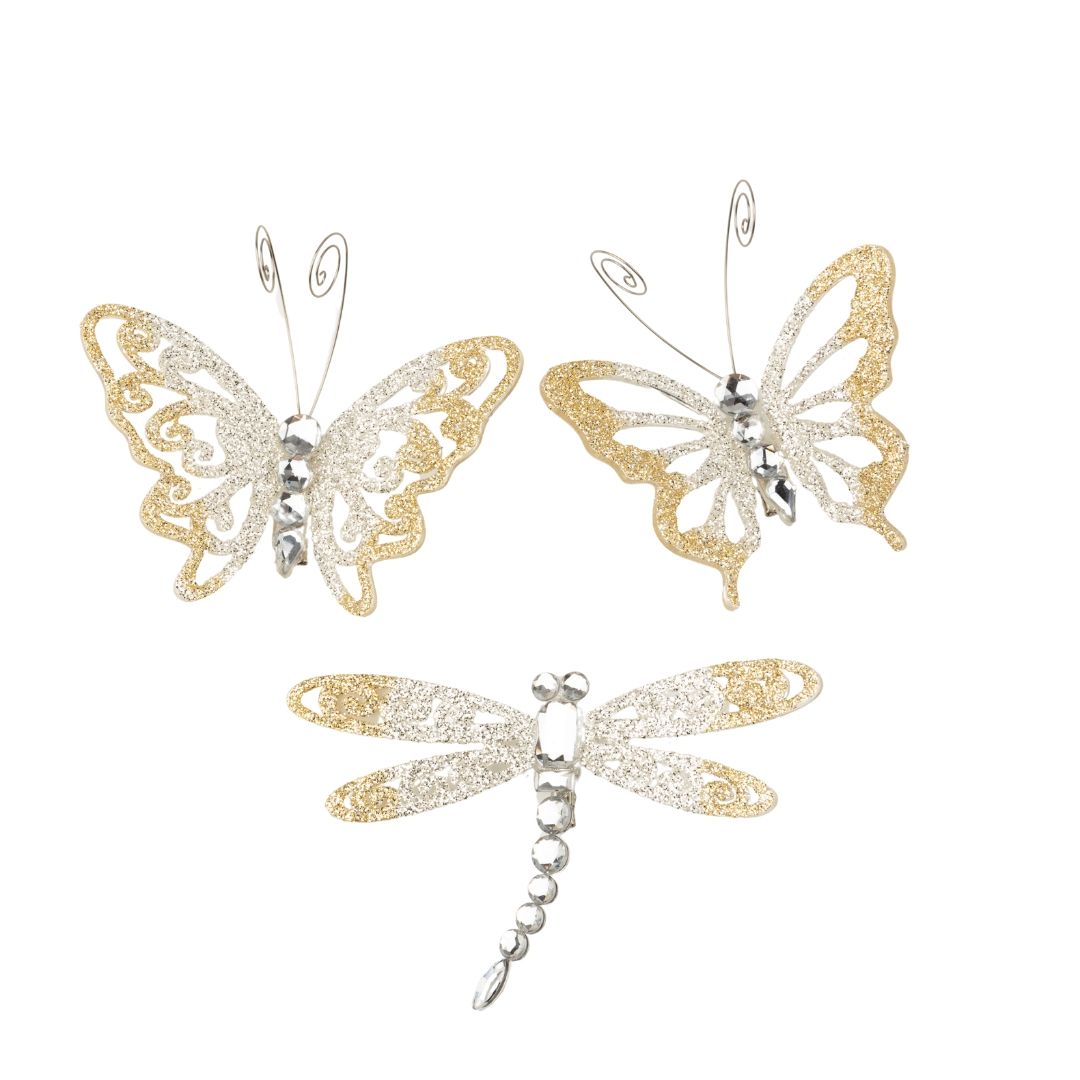 3 Asst&#39;d champagne glitter butterfly and dragonfly ornament, 4.5 in and 5 in  12            